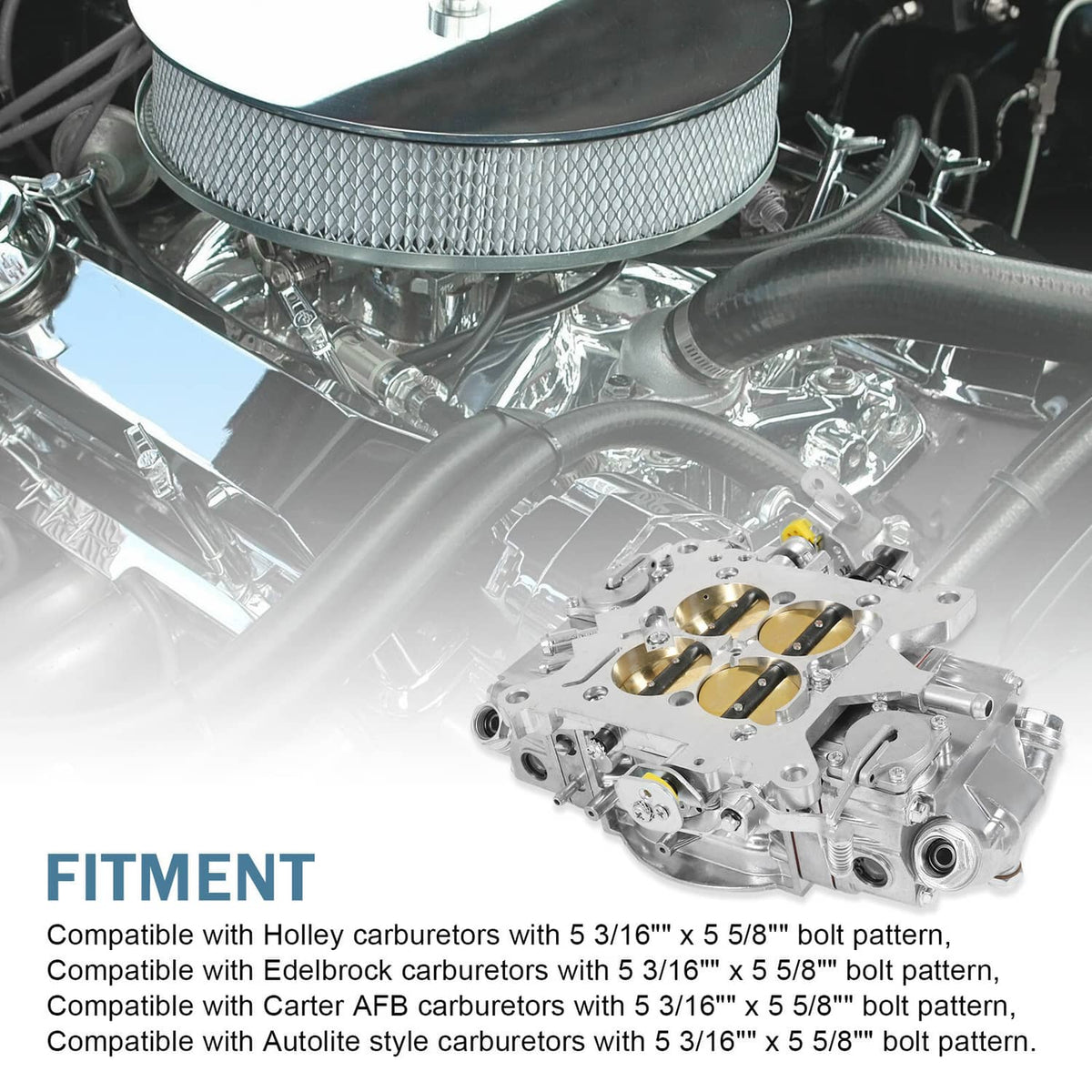 Mechanical 4-barrel carburetor installed with air filter and throttle linkage, engine bay