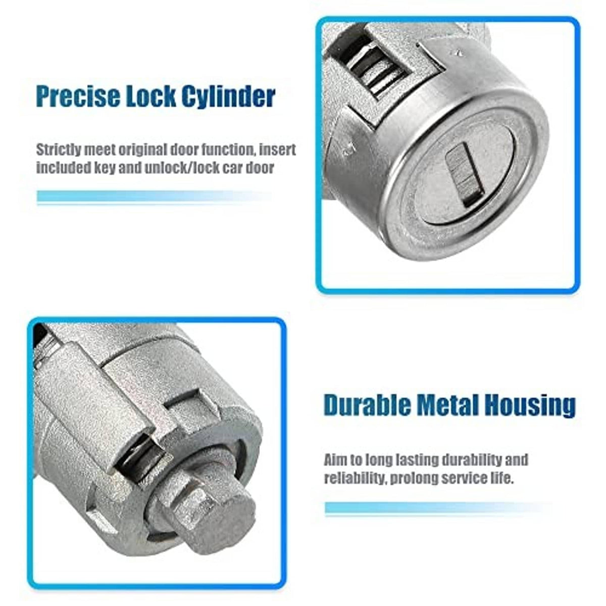 Silver lock cylinder with key slot and metal housing, close-up views