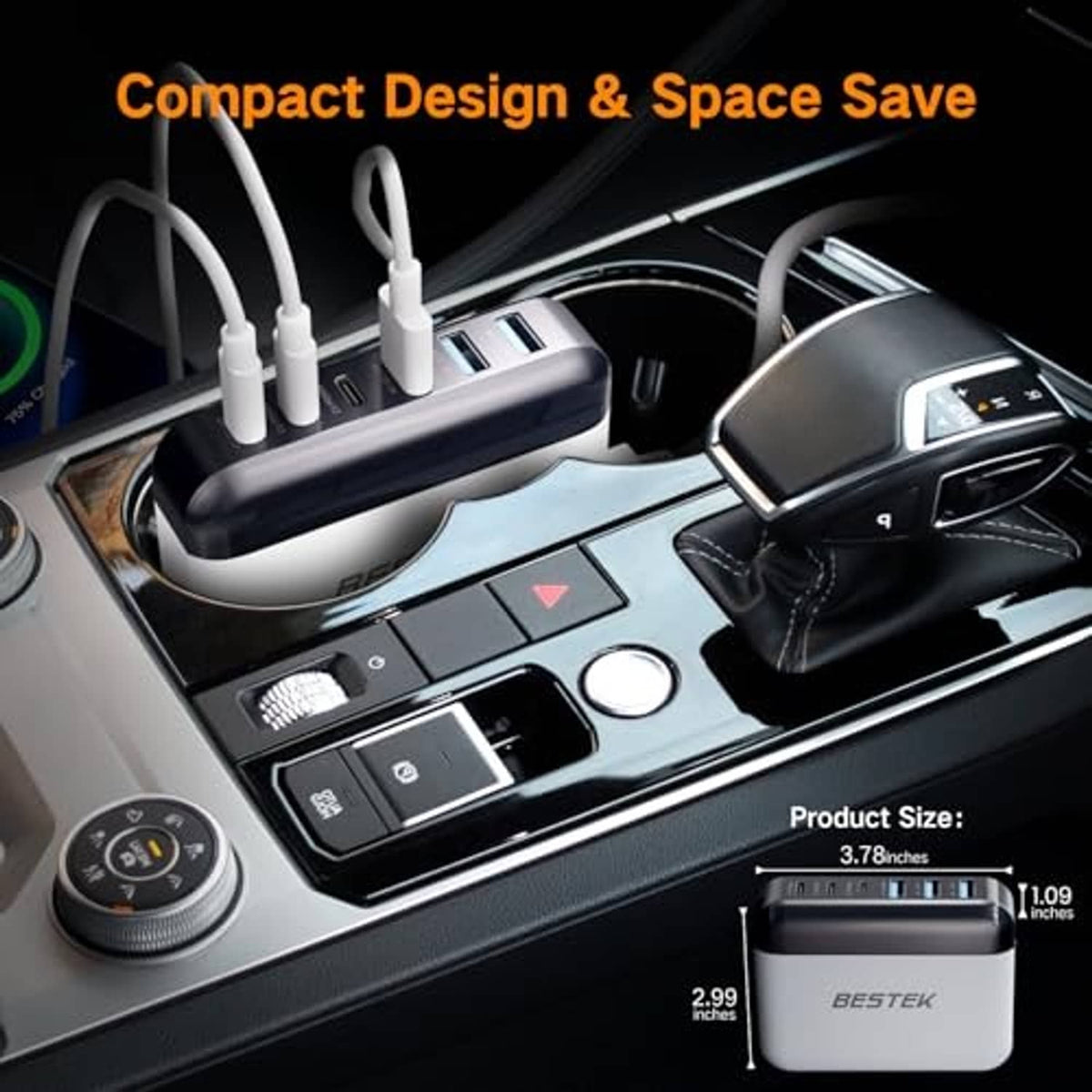 Compact car USB charger docked in vehicle center console with multiple white cables