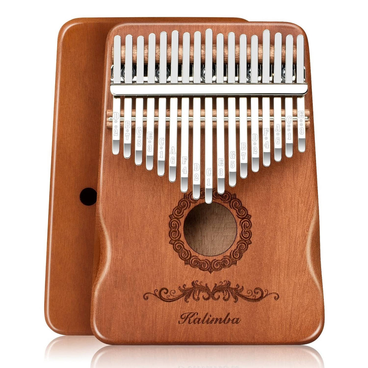 Brown 17-key kalimba thumb piano with circular sound hole and engraved front panel