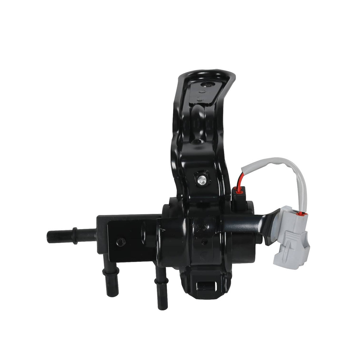 Black fuel tank reservoir valve assembly with vertical bracket and wiring connector