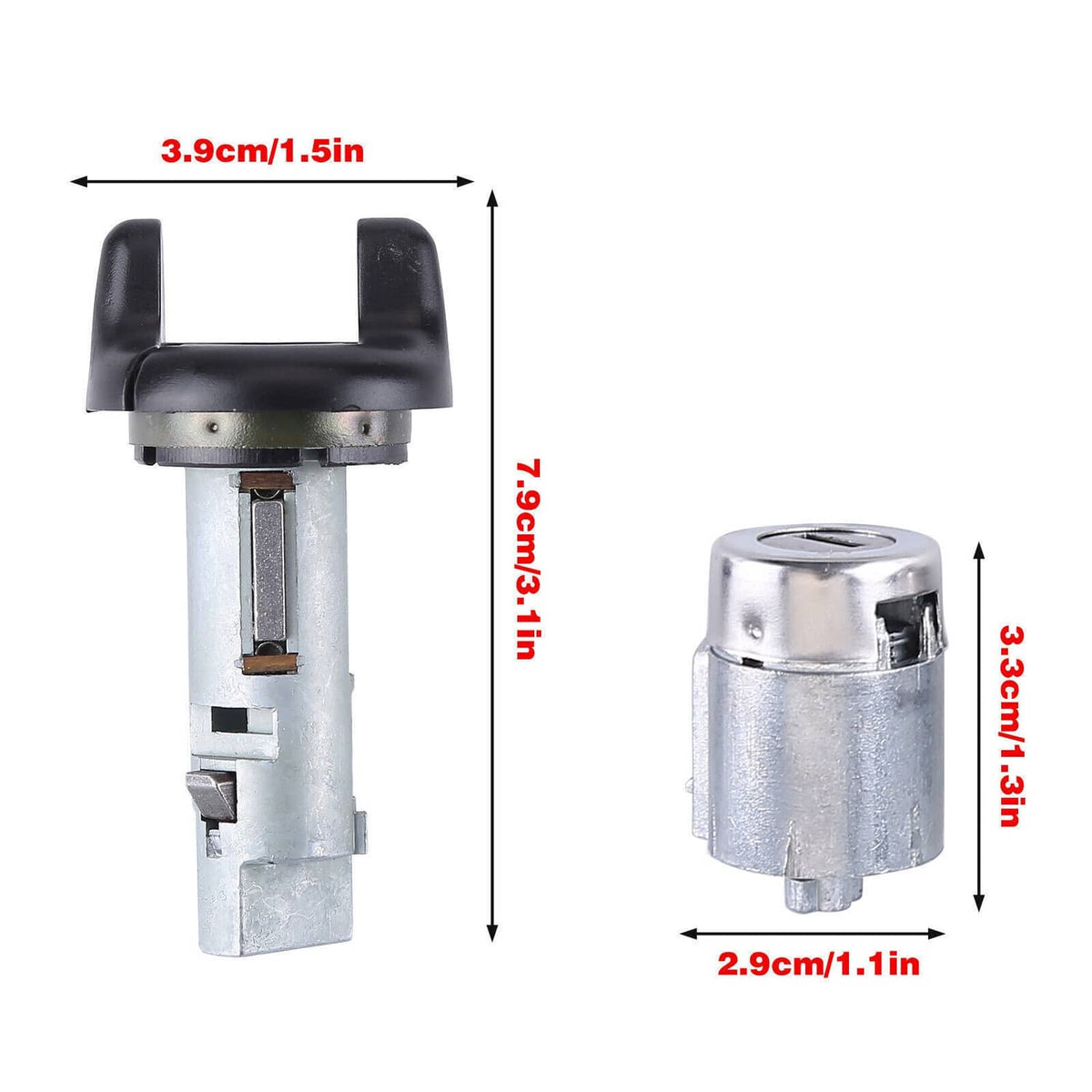 Door lock cylinder with black head and silver core, front and end views