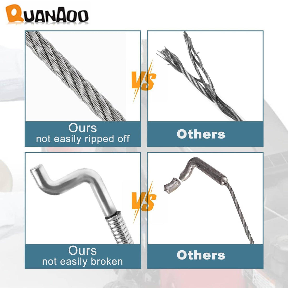 1x19 stainless steel strand traction cable with spring; shows cable strength comparison