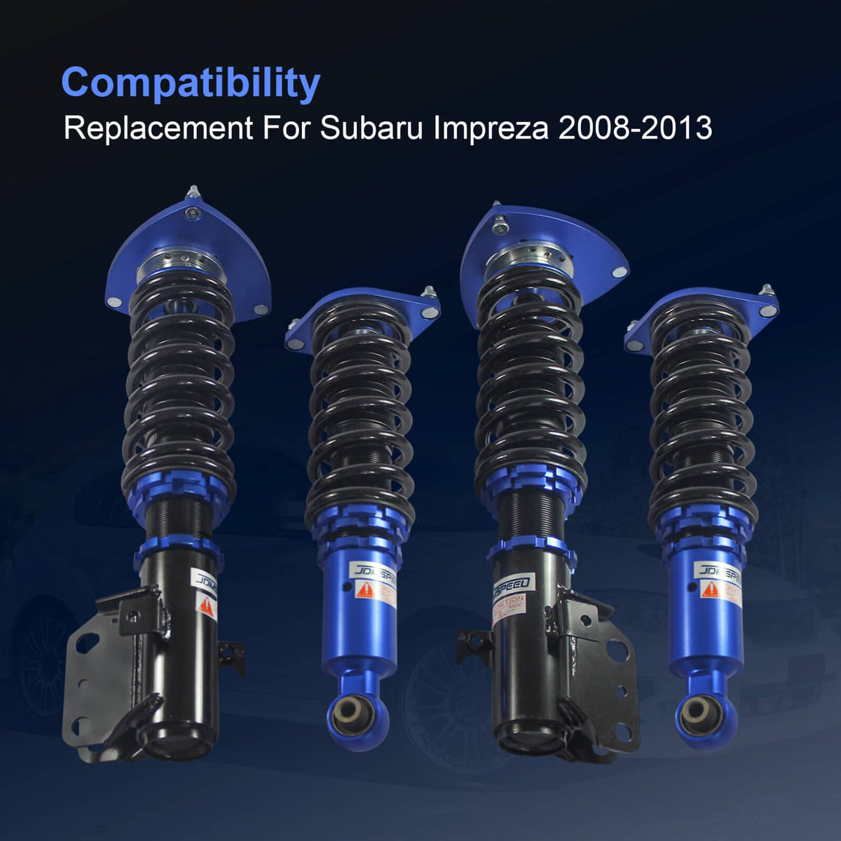 Blue and black coilover suspension struts with springs and mounting brackets, four-piece view