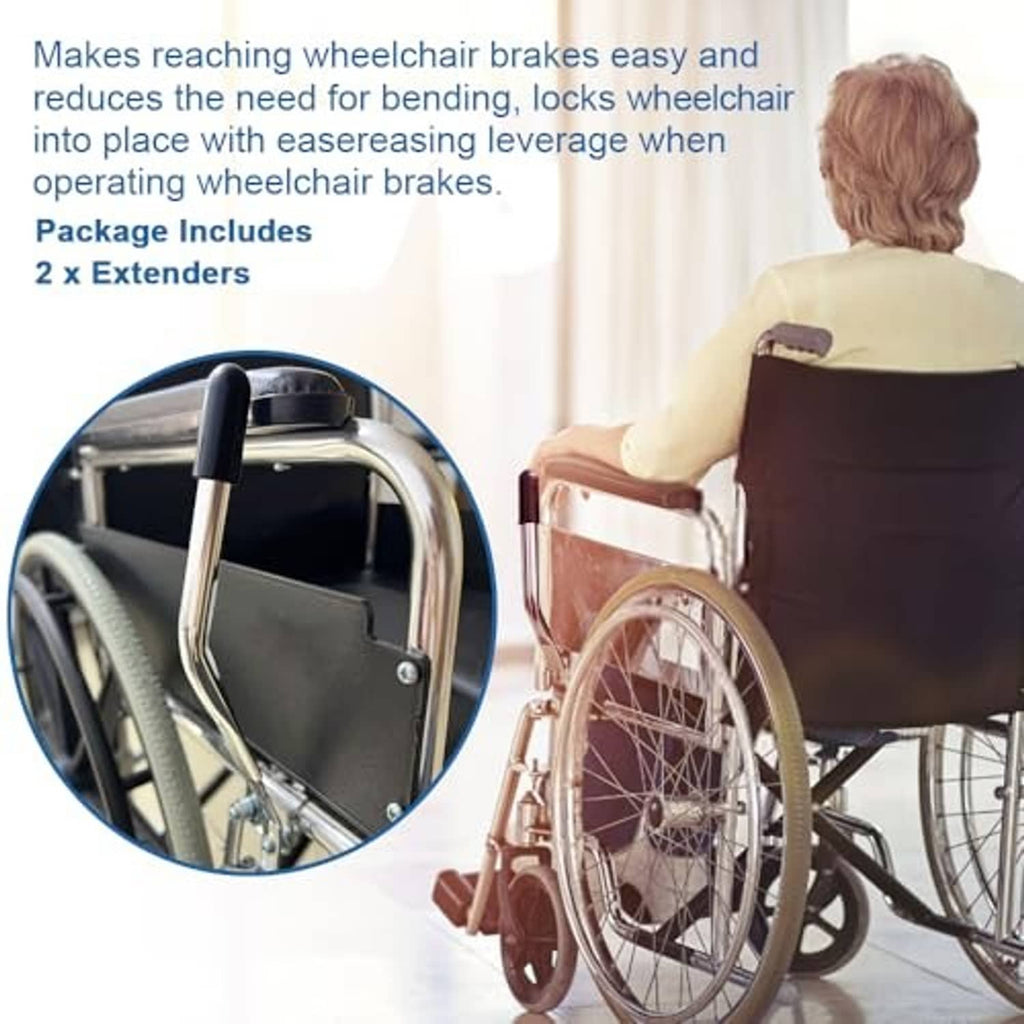 Wheelchair brake handle extenders mounted on rear brake levers, chrome U-arms