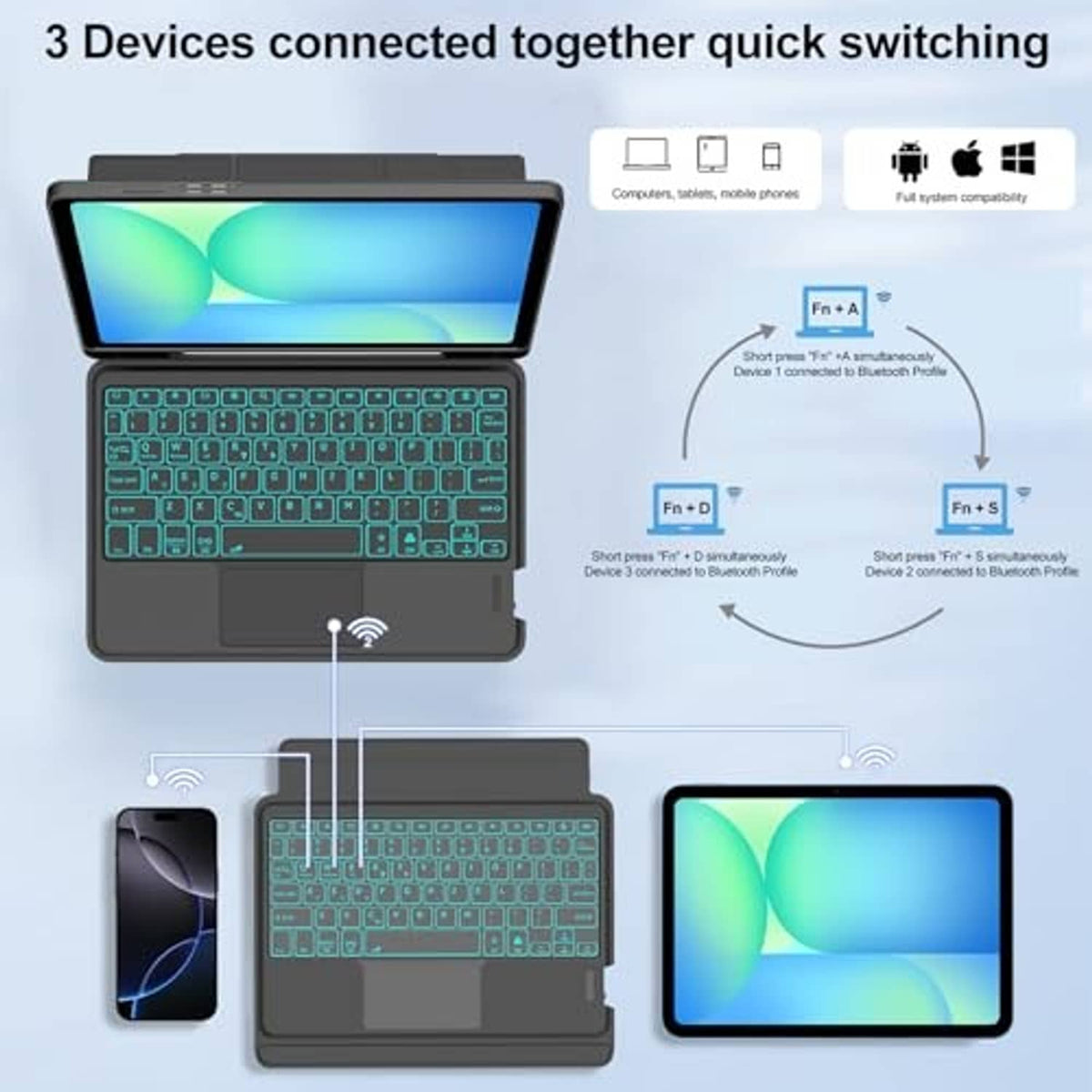Black tablet keyboard case with teal backlit keys and wireless pairing diagram on screen