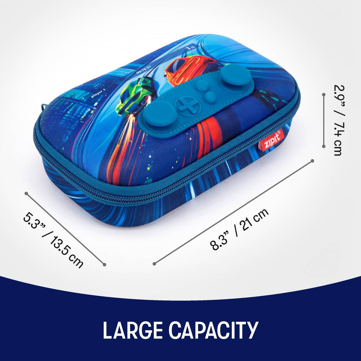 Blue zipper pencil case with controller buttons and racing car graphics; compact size.