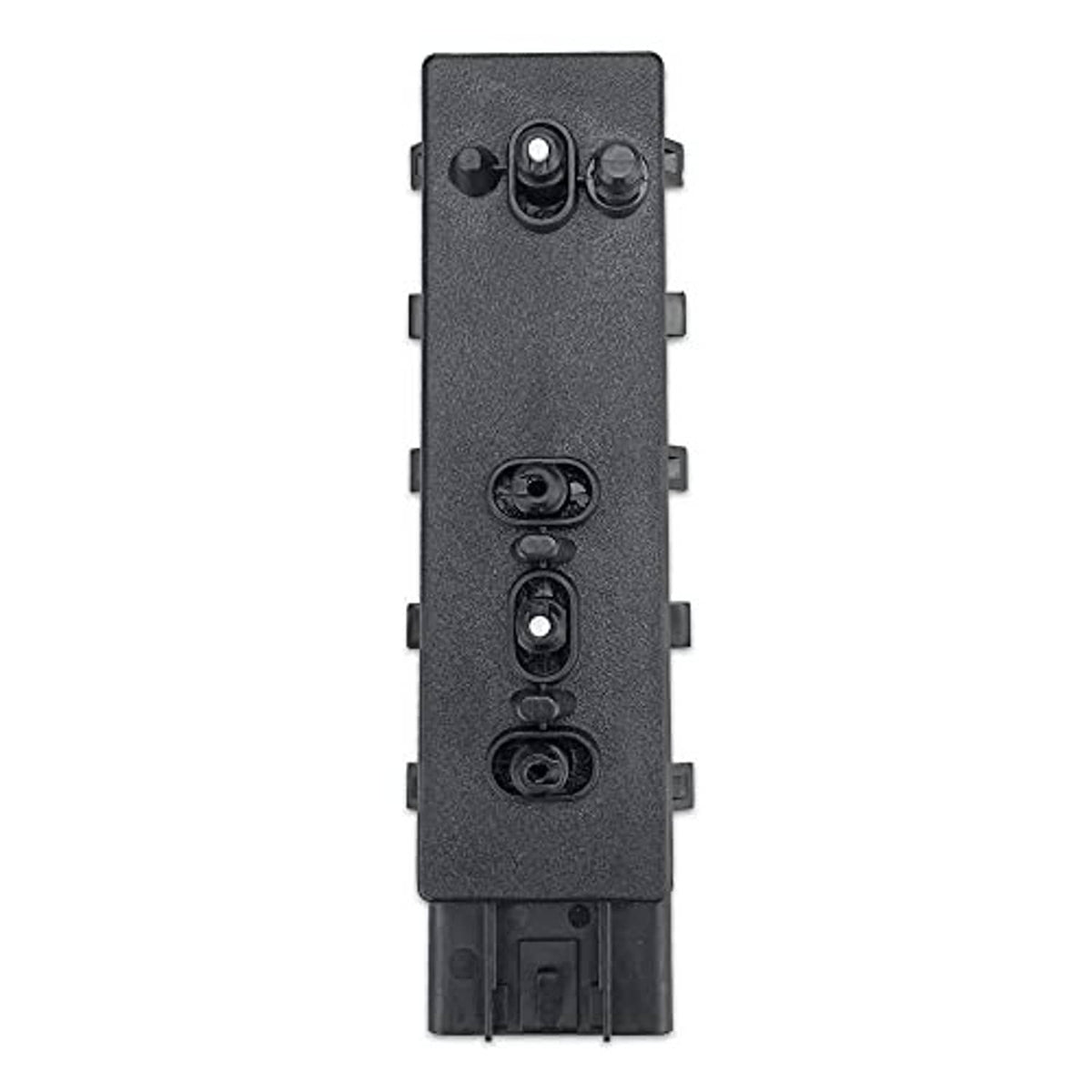 Black switch module back view with three screw holes and terminal openings