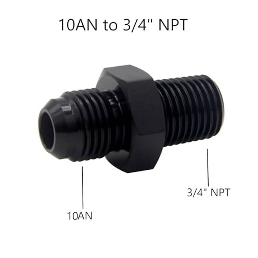 10AN to 3/4 NPT hose fitting adapter with male flare and black threaded ends