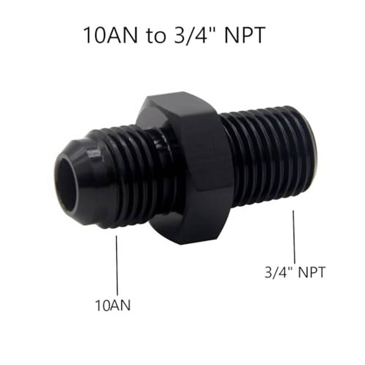 10AN to 3/4 NPT hose fitting adapter with male flare and black threaded ends