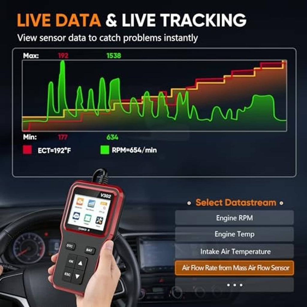 Red OBD2 scanner in hand with V302 display and arrow keypad buttons