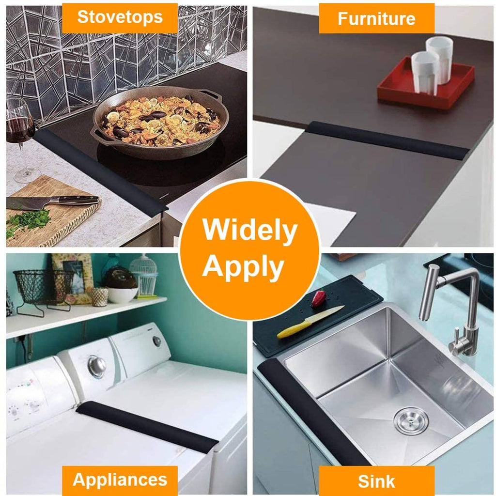 Black gap cover strip for stove, furniture, and sink edges with wide protective fit.