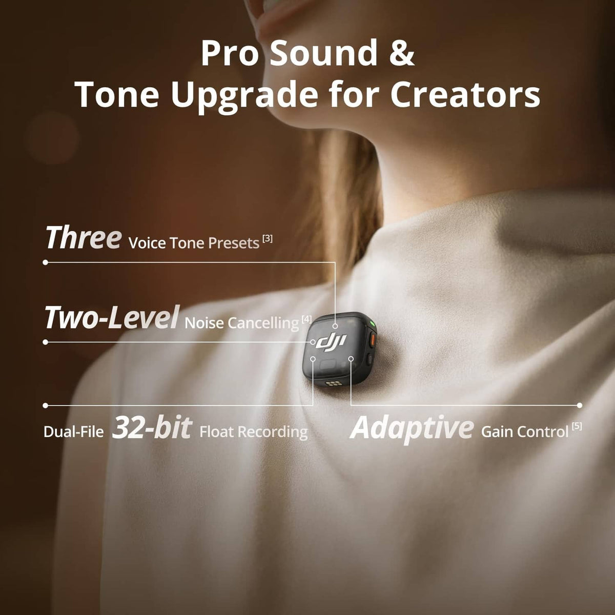 Black wireless lavalier microphone transmitter on a shirt collar
