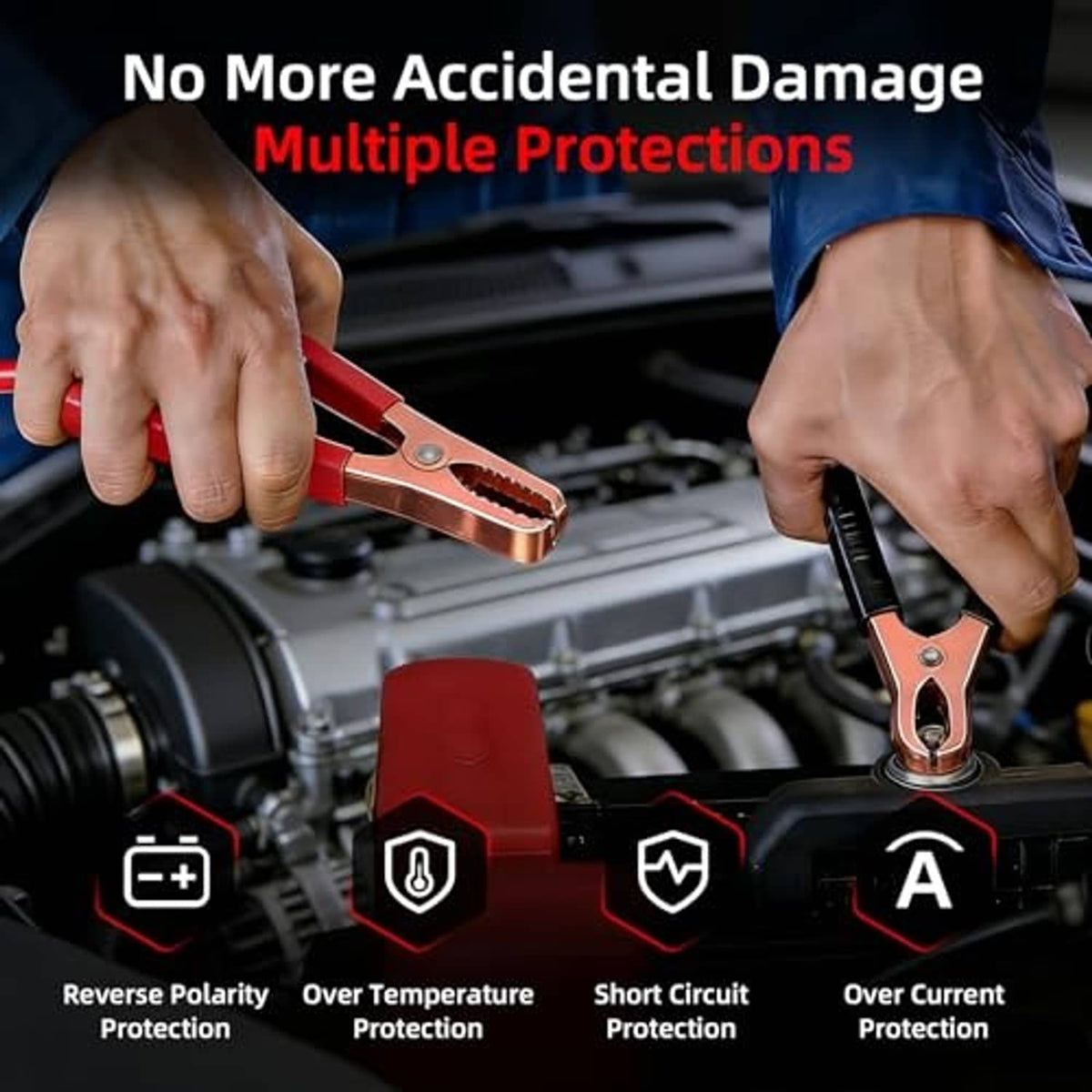 Hands attaching clamp leads to a car battery using a BT17 tester
