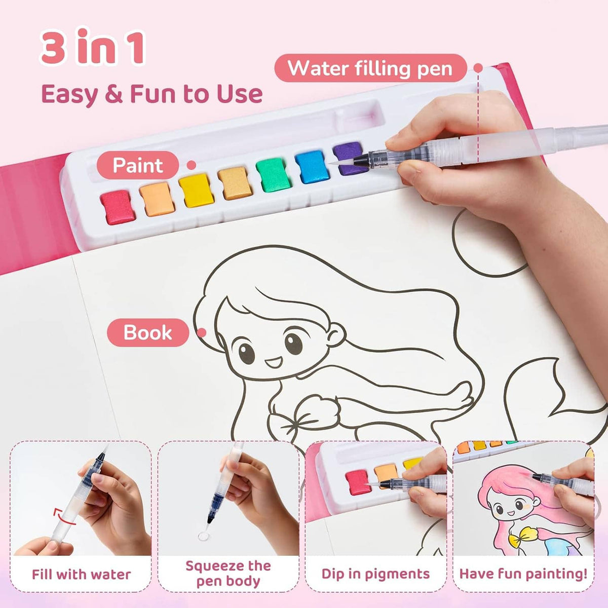 Watercolor painting set tray with paint blocks and water-filling pen over activity page