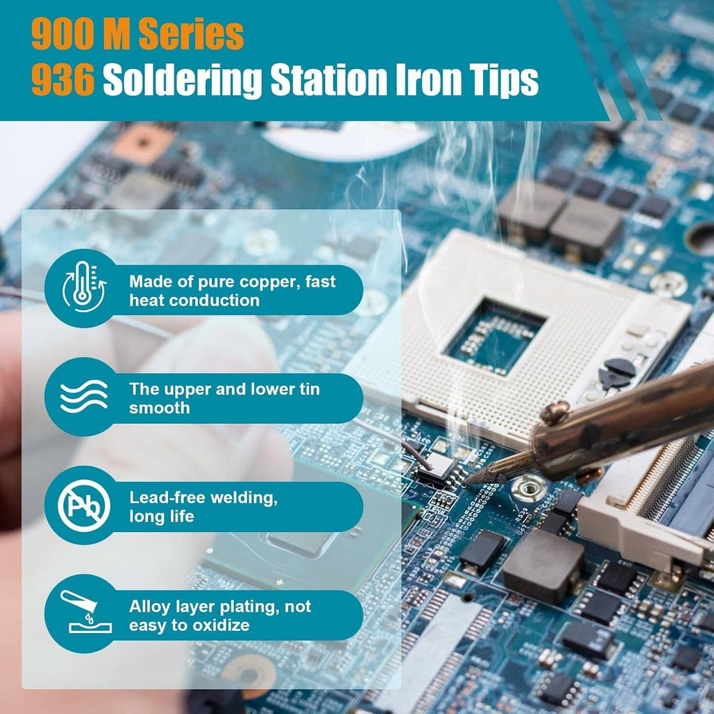 900M series soldering station iron tips promotional graphic with tip text details