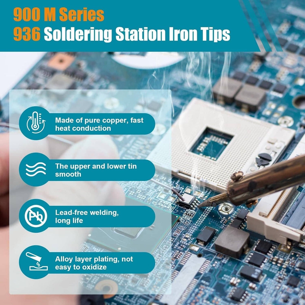 900M series soldering station iron tips promotional graphic with tip text details