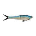 Blue and silver soft plastic glide bait with black fins and treble hook