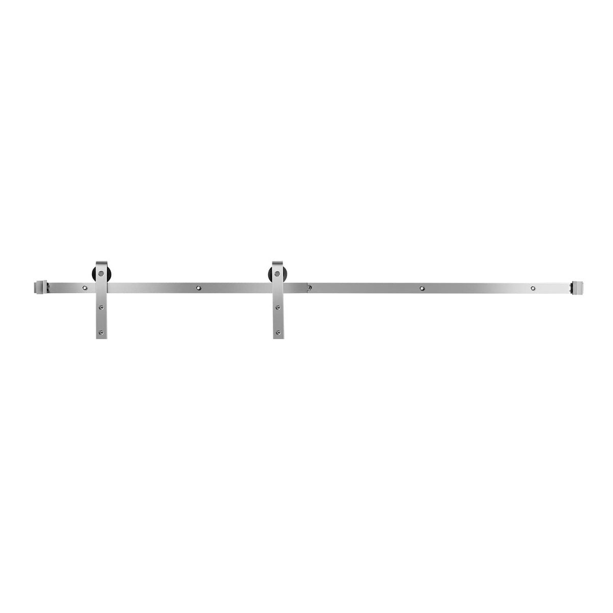 Silver sliding barn door hardware kit with metal rail and wall-mount brackets