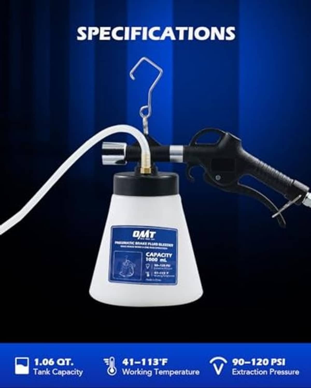 Brake bleeder kit with hanging hook, trigger handle, and white reservoir unit