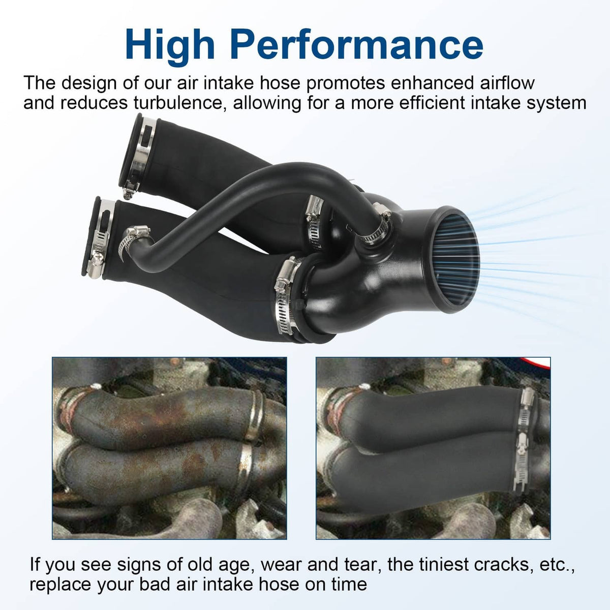 Black air intake hose with curved inlet tube, dual clamps, and round air filter end
