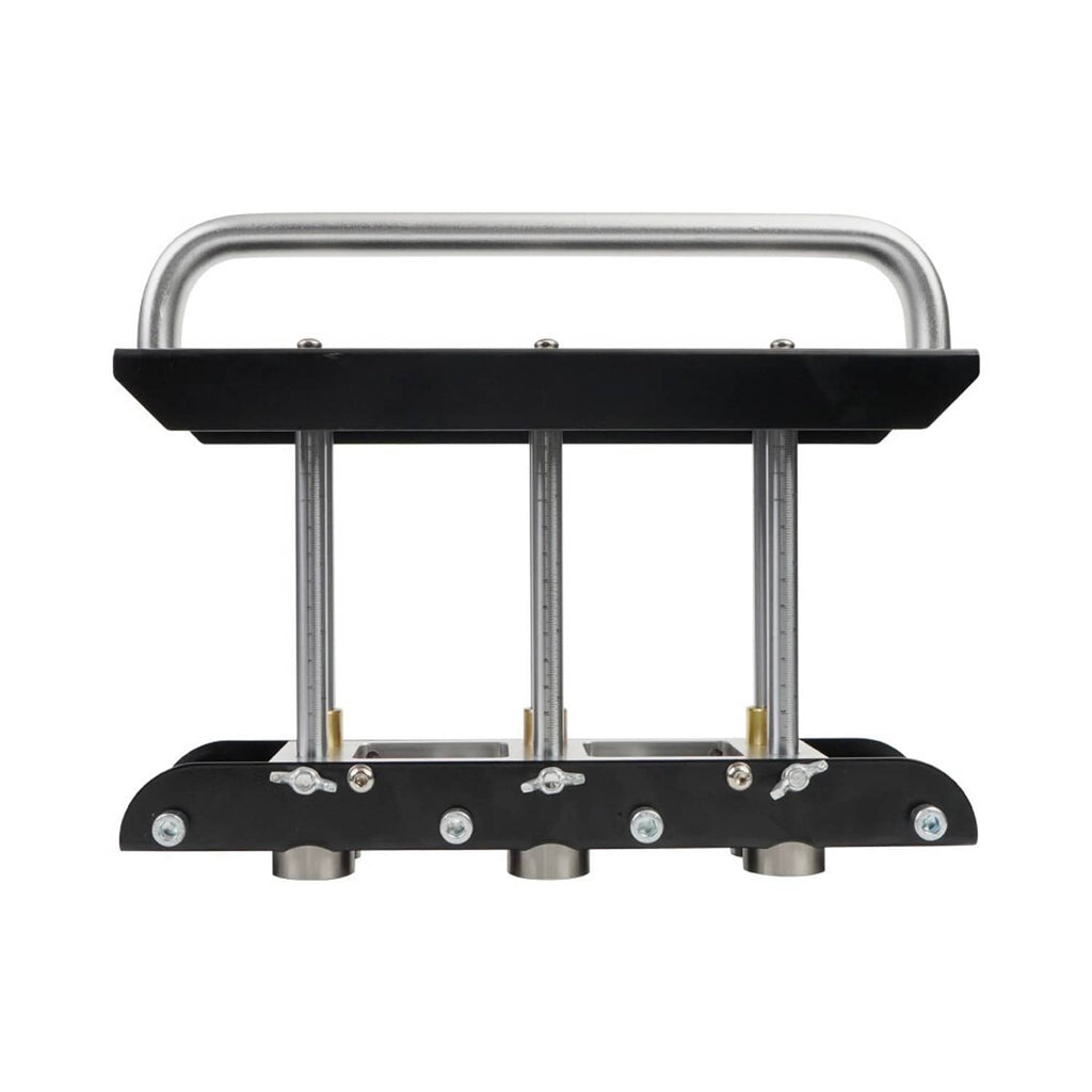 Three-station edge roller sheet metal bender with upright posts and black roller frame
