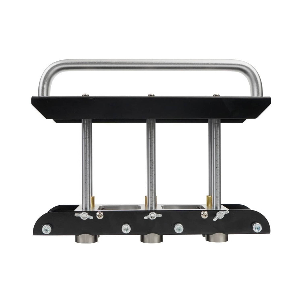 Three-station edge roller sheet metal bender with upright posts and black roller frame