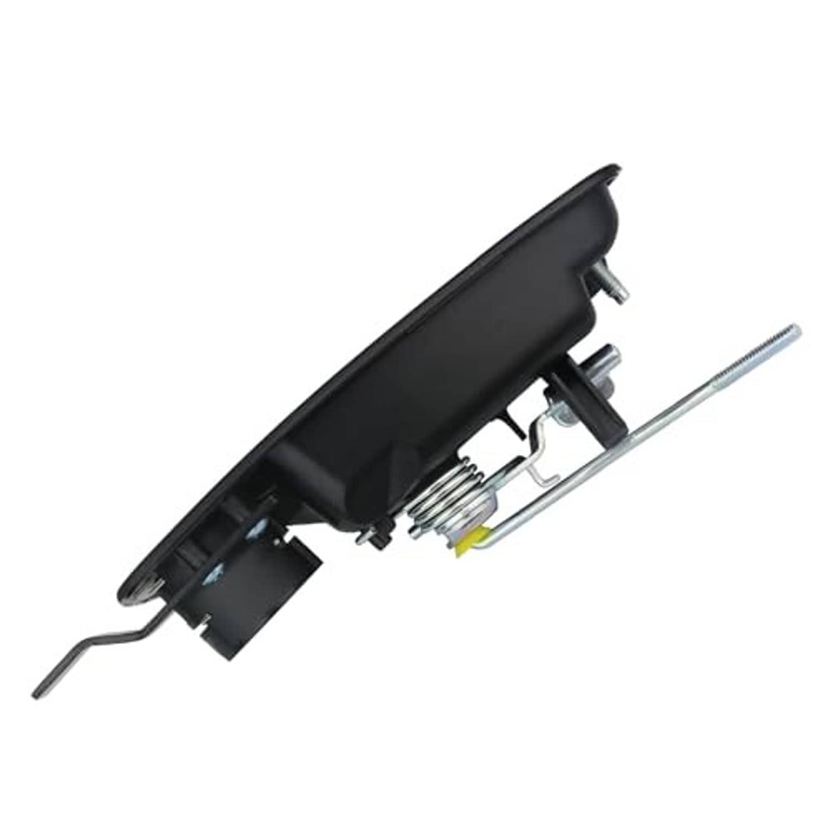 Black exterior door handle assembly with internal latch parts and metal spring