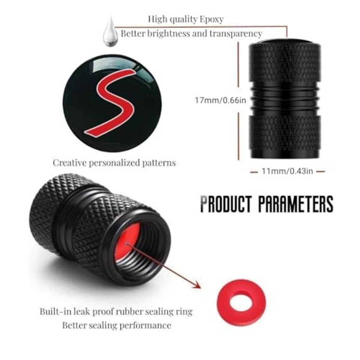Black textured wheel valve cap with red S logo and visible sealing ring