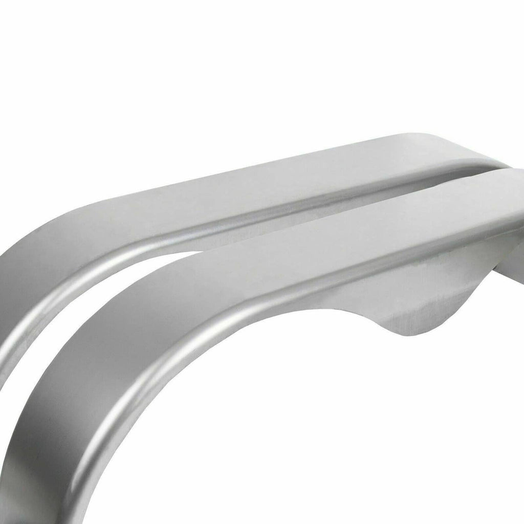 Silver metal teardrop trailer fender, long curved lip with molded center wave