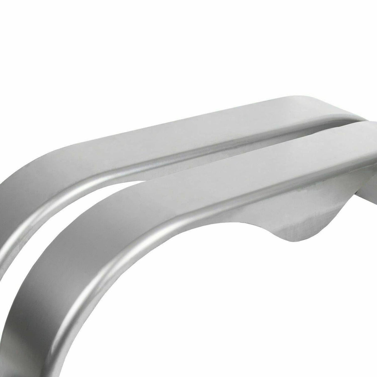Silver metal teardrop trailer fender, long curved lip with molded center wave