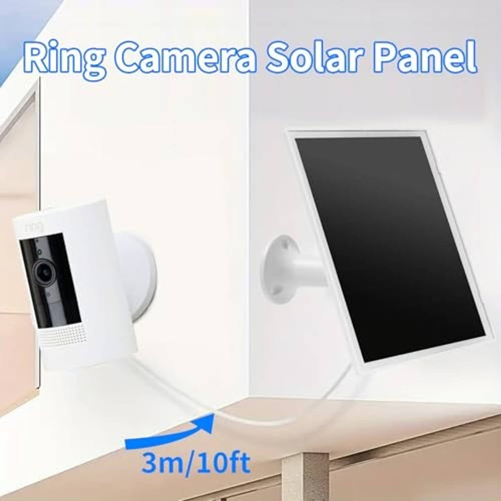 Solar panel charger with white wall bracket and long charging cable for mounting outdoors