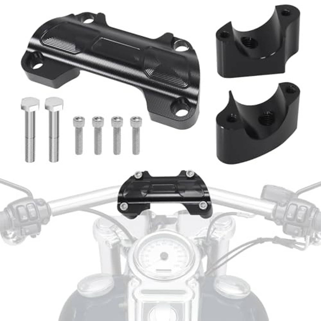 Black handlebar riser top clamp kit with included hardware, bolts, and spacer pieces