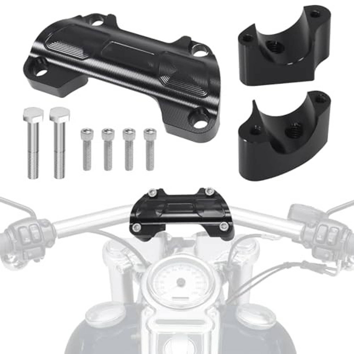 Black handlebar riser top clamp kit with included hardware, bolts, and spacer pieces