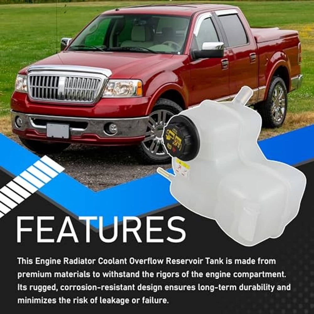 White coolant overflow reservoir tank with black cap and curved body with outlet