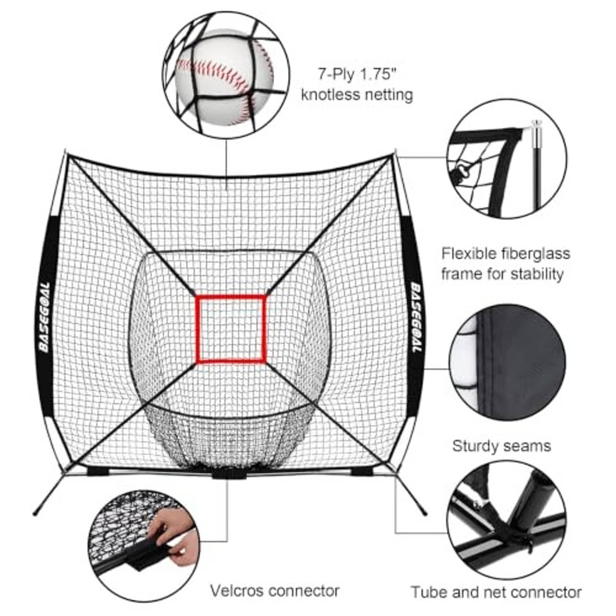 Baseball practice net with black frame, white mesh, and red strike zone target with side support