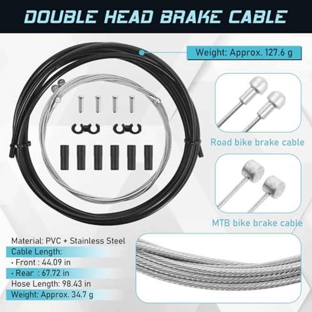 Double-head brake cable set with black hoses, metal ends, and MTB brake cable hardware