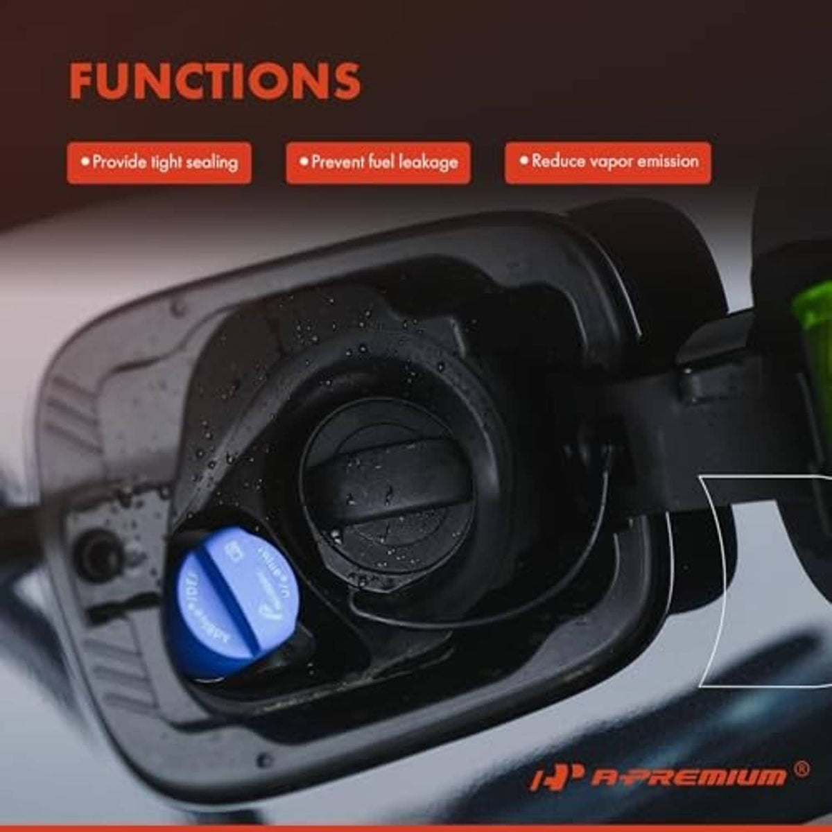 Black fuel tank filler opening with cap and visible droplets