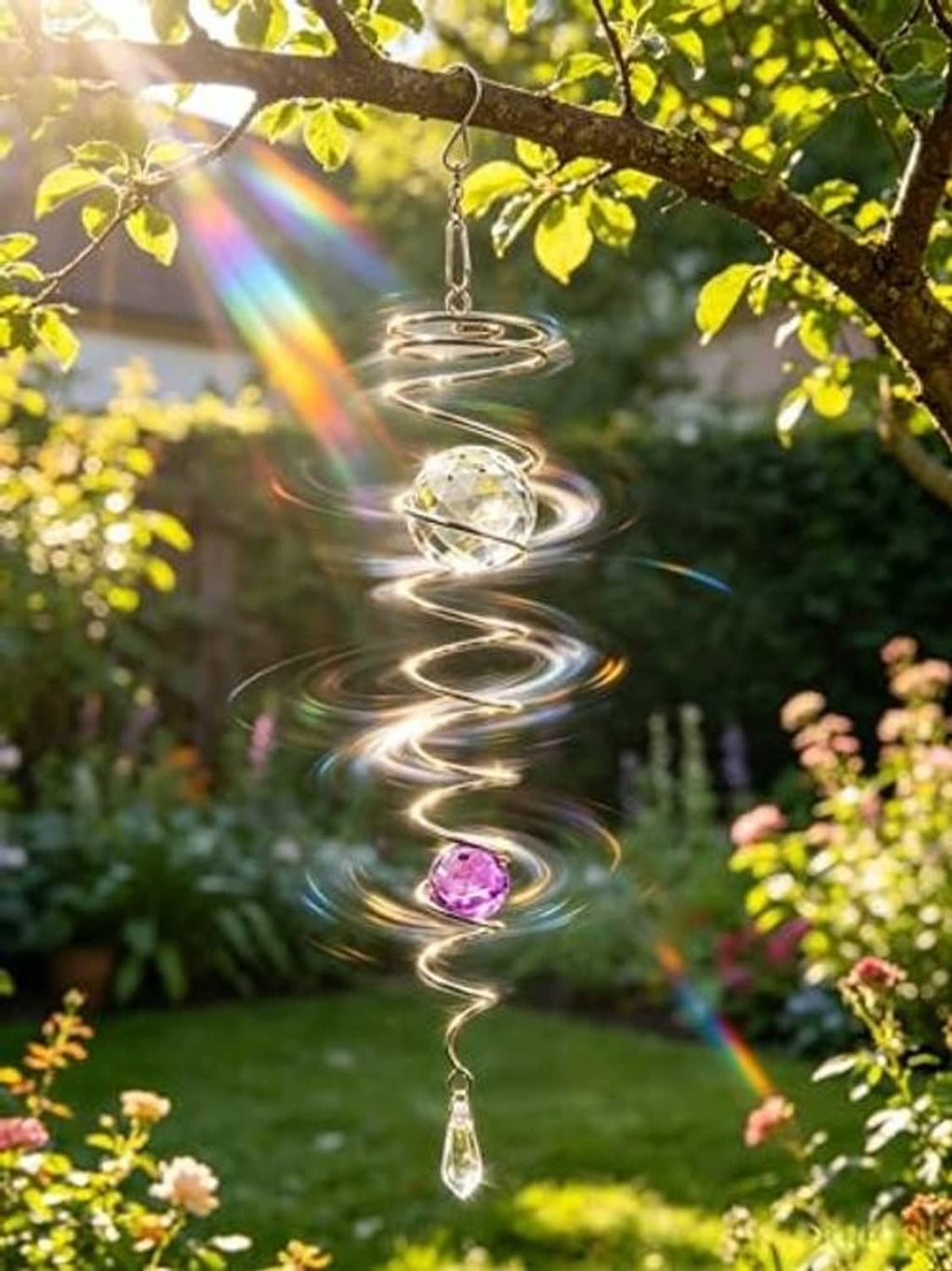 Twisting silver spiral wind spinner with clear gazing ball, purple bead, and hanging crystal drop