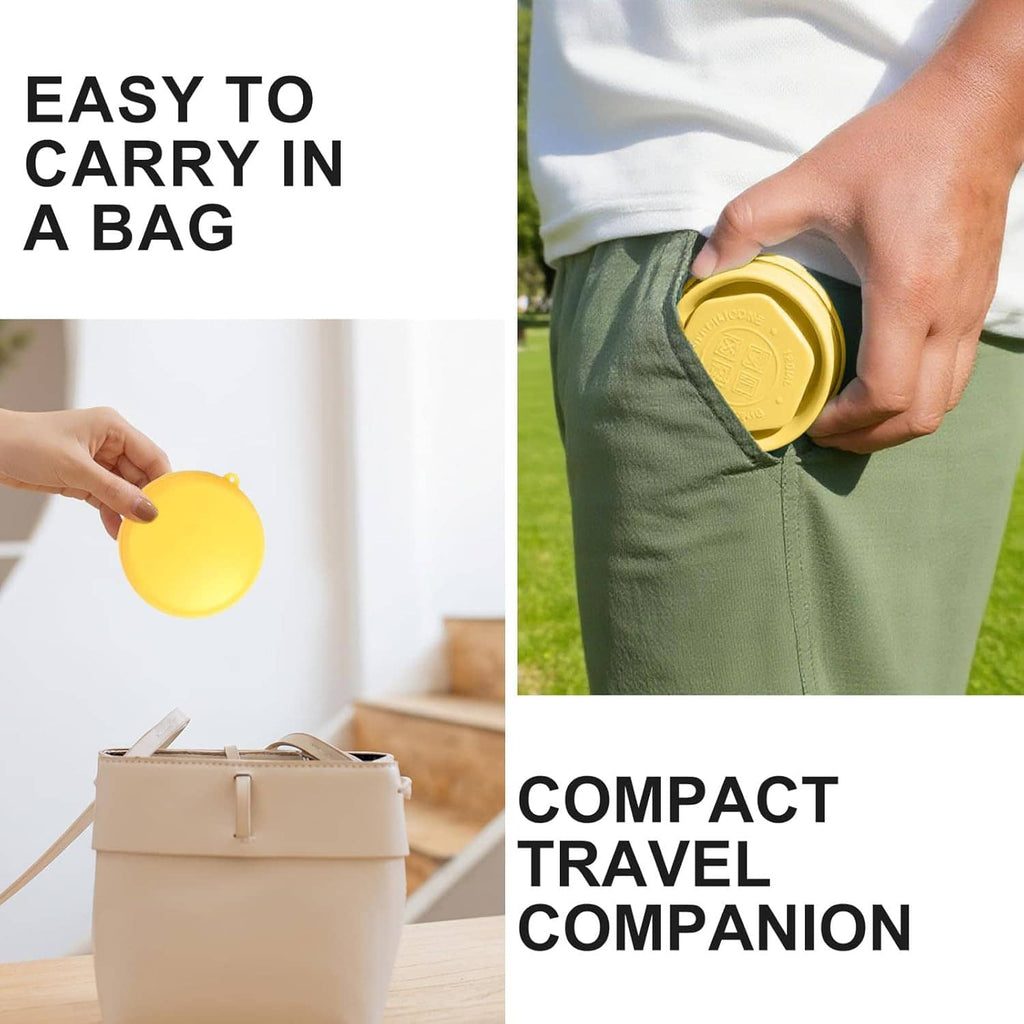 Yellow silicone collapsible cup with lid, compact fold for easy carry in a bag