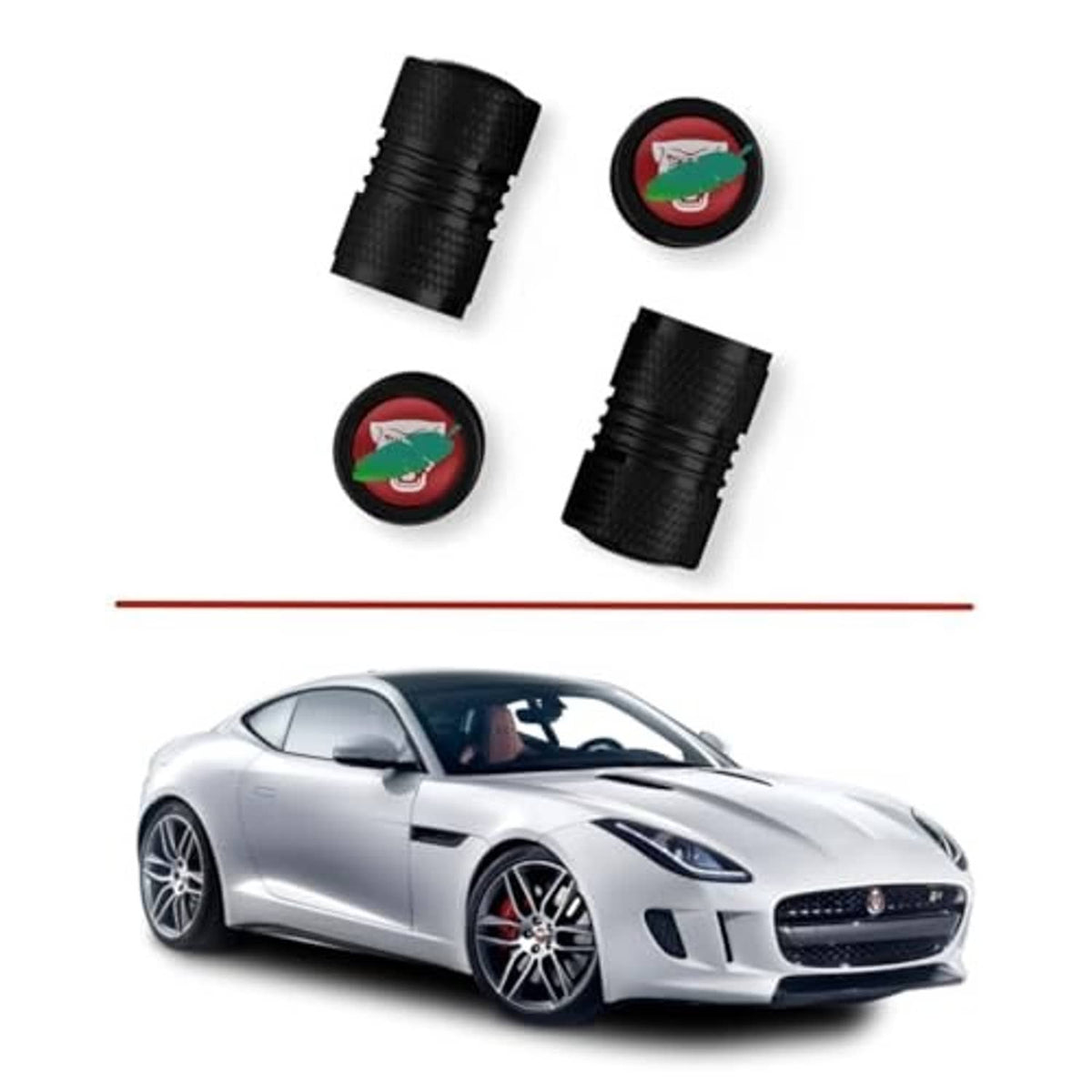Black valve stem cap set with red round emblem cover featuring a green-themed logo