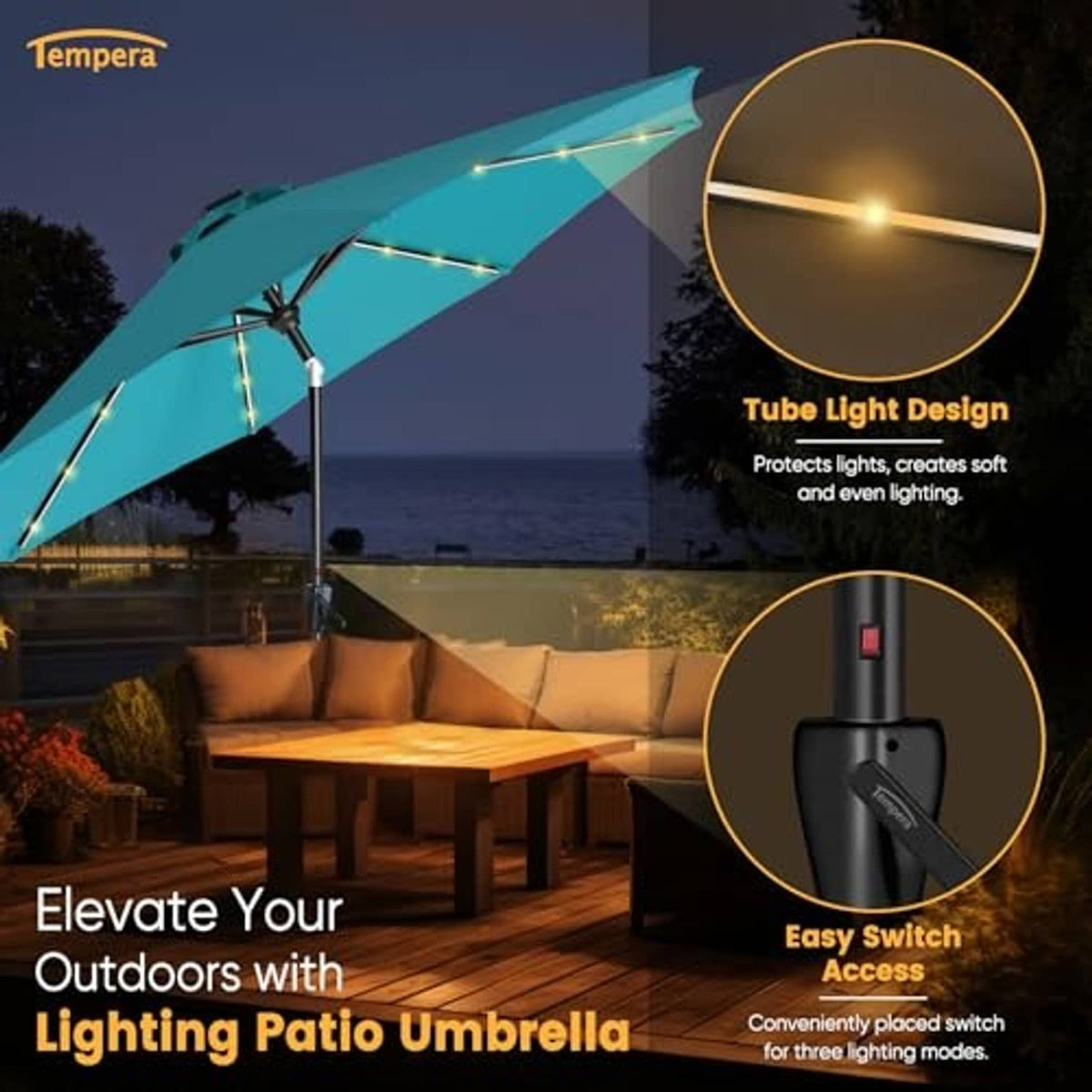 Turquoise outdoor LED patio umbrella with warm tube-style light on the canopy pole