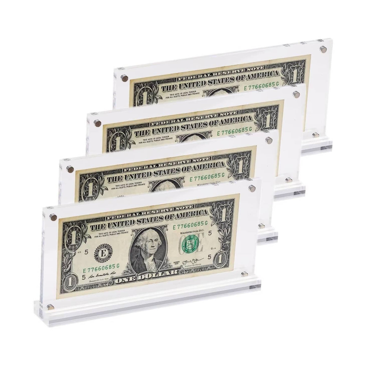 Clear acrylic money display case holding four $1 bills, front view