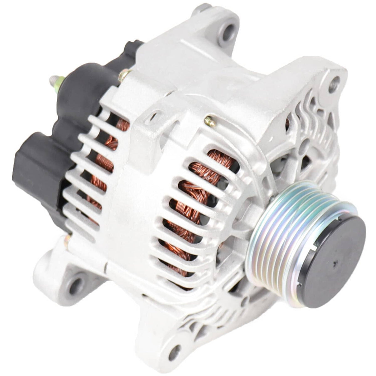 Automotive alternator with cooling vents and mounting lugs, angled side view