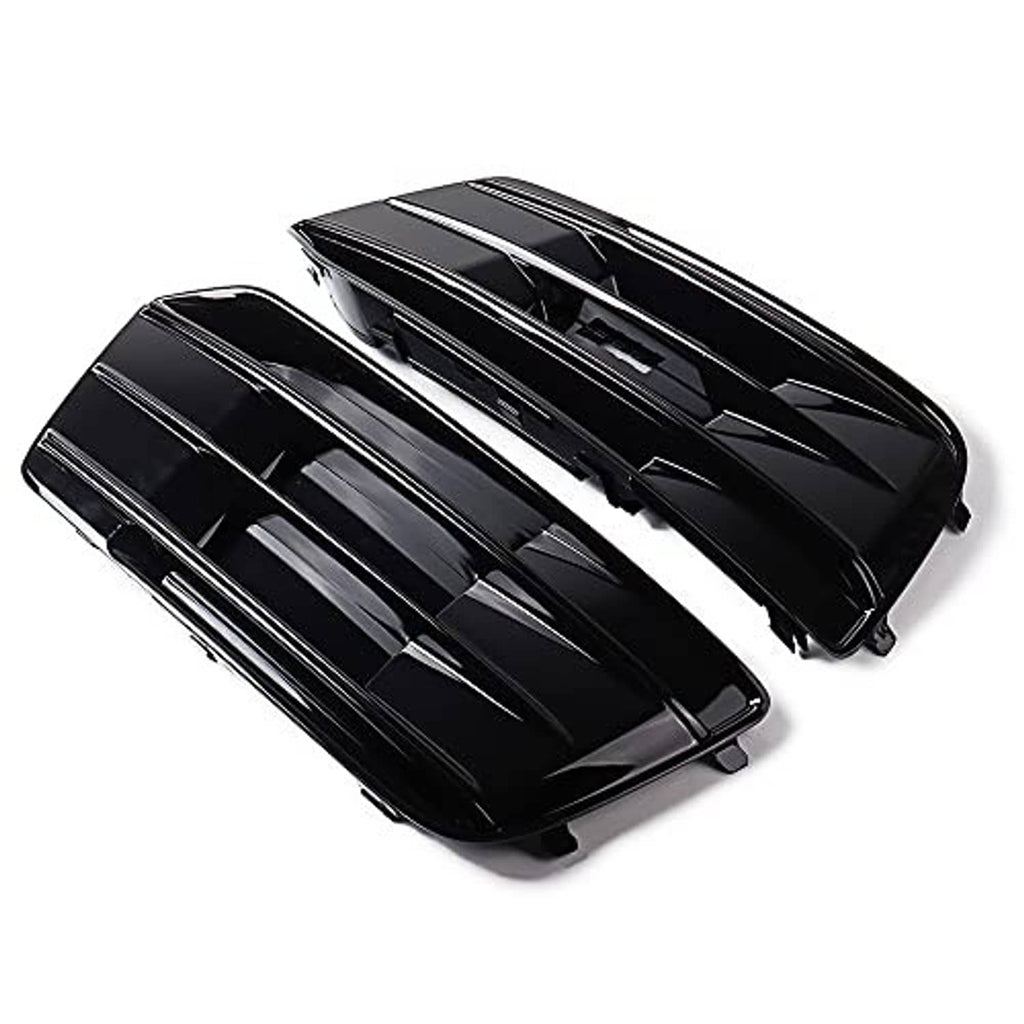 Glossy black front grille inserts, two-piece set, angled view of slats and mounting tabs