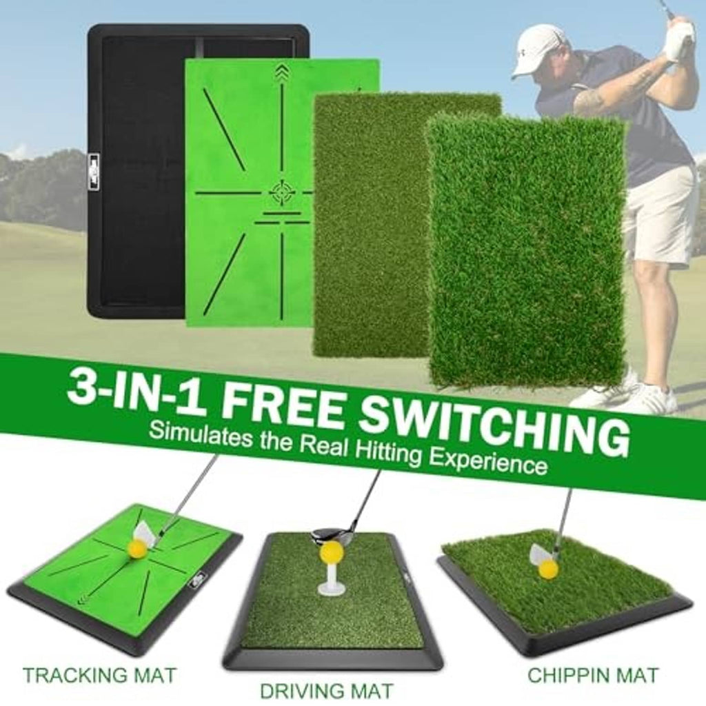 Outdoor golf hitting mat with green turf, black base, and tee positions for practice