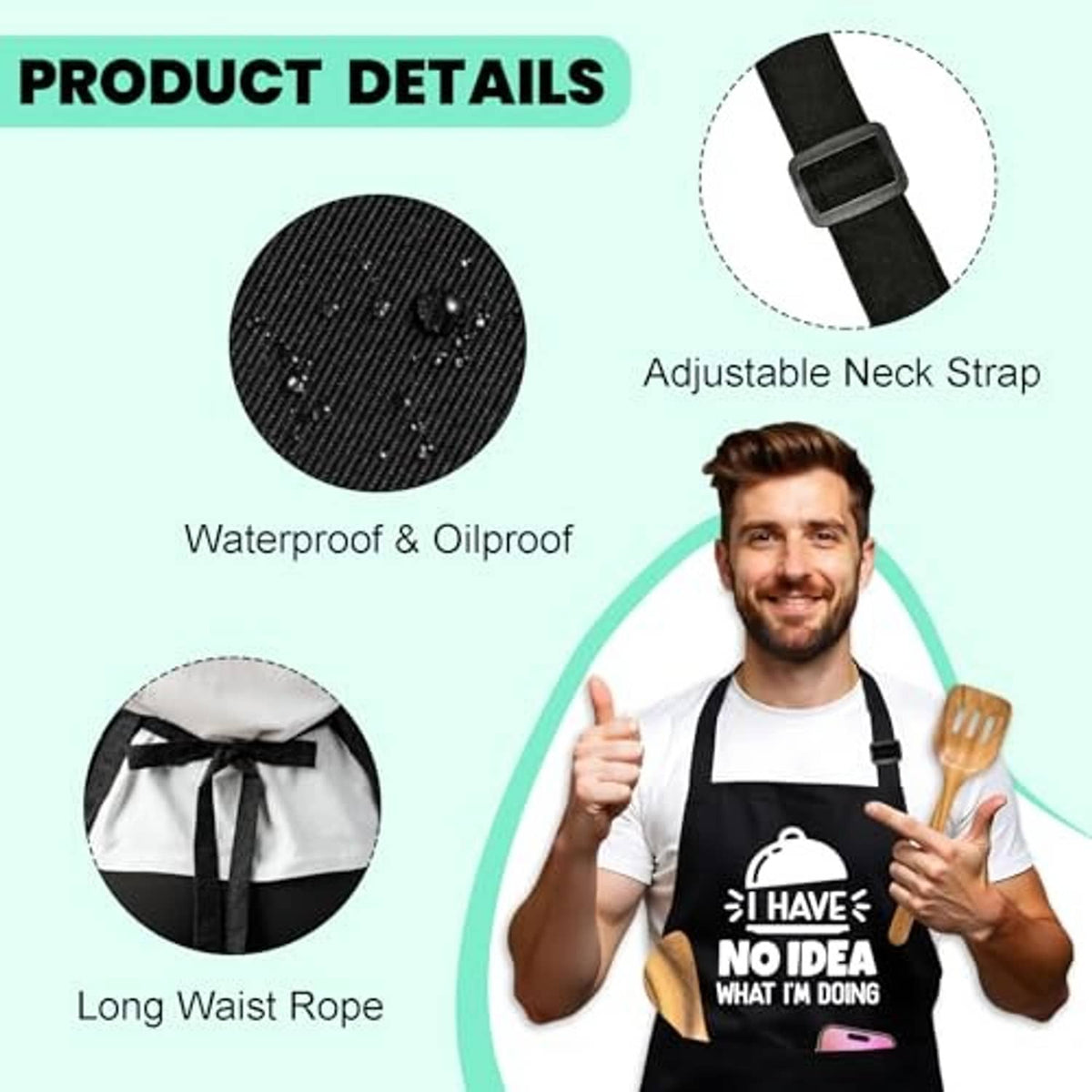 Black apron with adjustable neck strap detail and waterproof & oilproof description