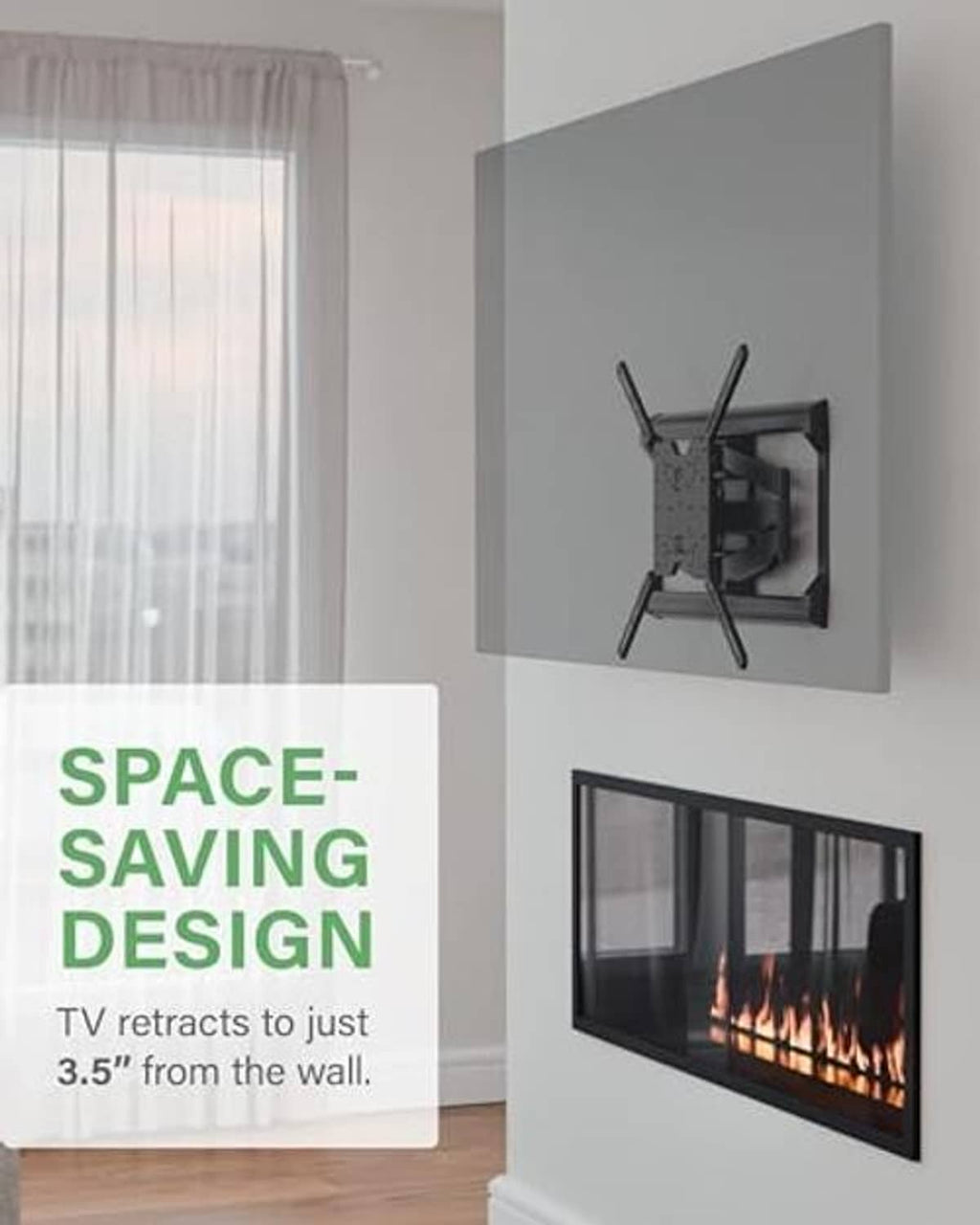 Black full-motion TV wall mount retracted close to the wall with TV attached