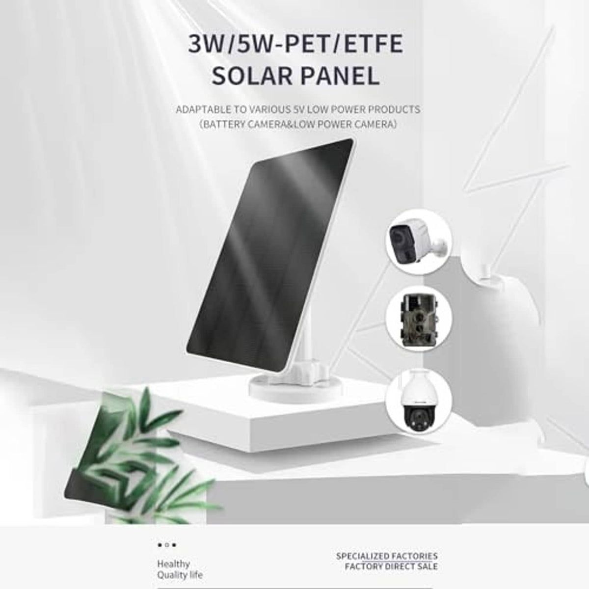 Solar panel kit with black panel and multiple white camera mounts