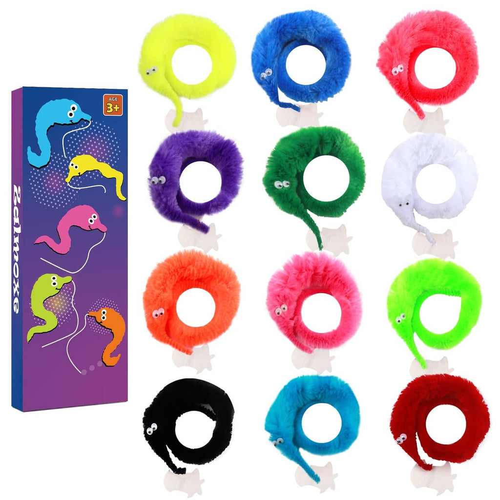 Set of 12 fuzzy worm toys with invisible strings, assorted colors